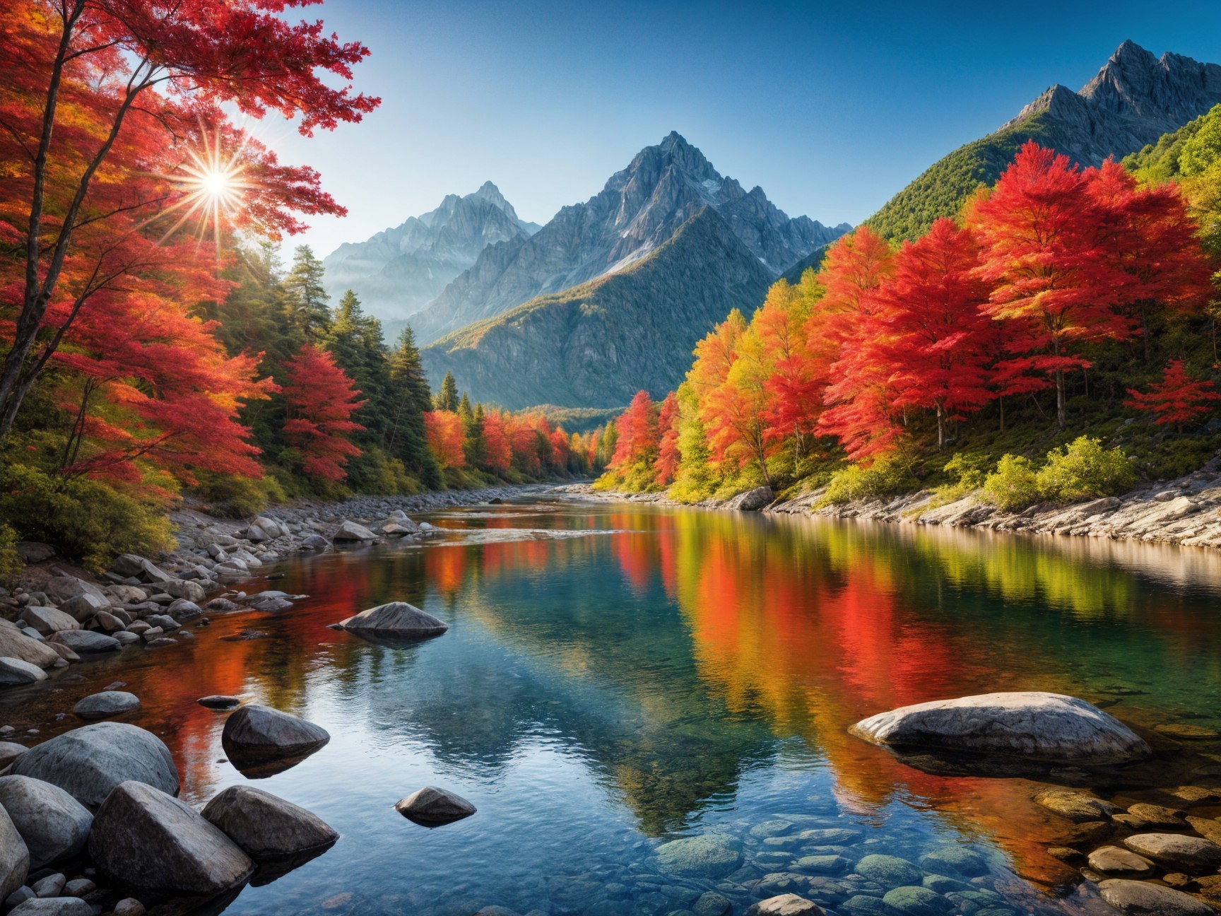 Serene Mountain Landscape with Autumn Foliage and River