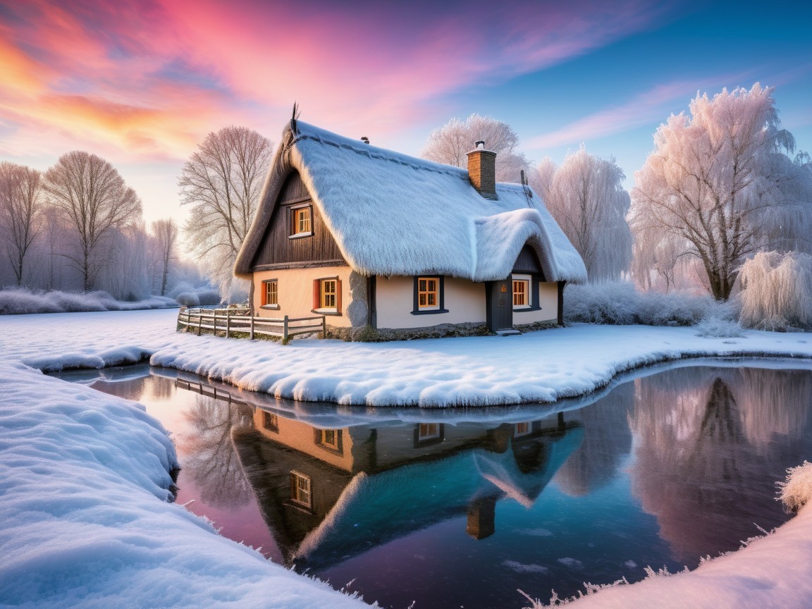 Thatched-Roof Cottage by Serene Snowy Pond