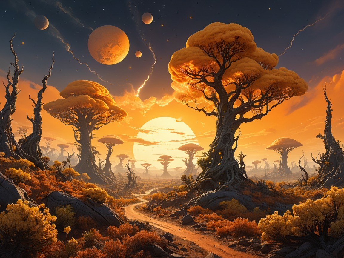 Alien Landscape with Twisted Trees and Sunset Planets