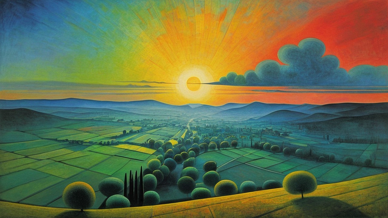 Vibrant Landscape with Rolling Hills and Sunrise Glow