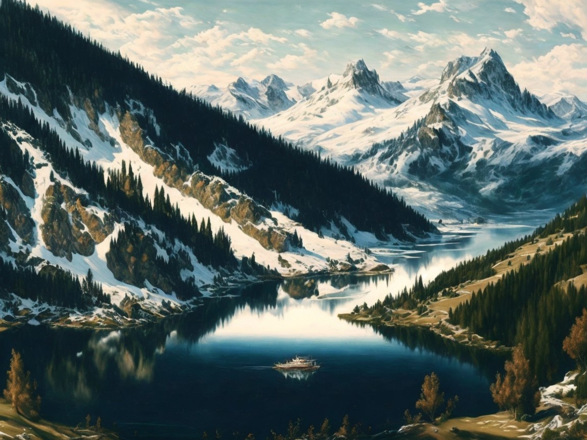 Tranquil Lake with Snow-Capped Mountains and Trees