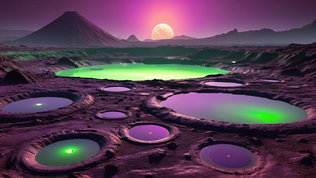 Surreal Alien Landscape with Luminous Pools and Volcano