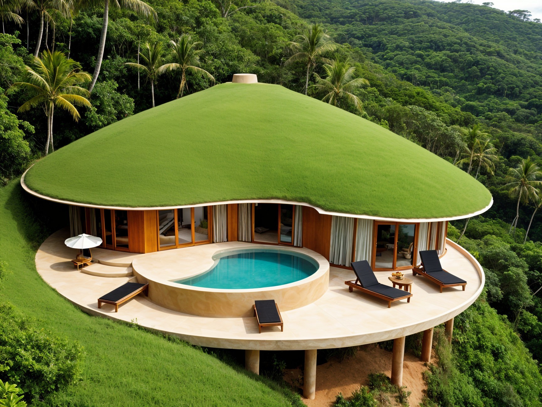 Unique villa with rounded green roof and circular pool