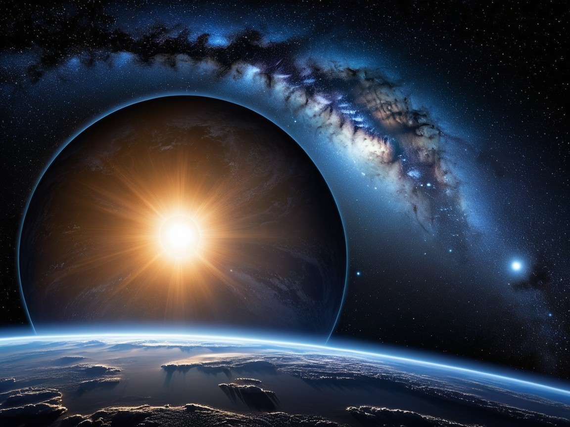 Cosmic Scene of Sun Rising Over Distant Planet