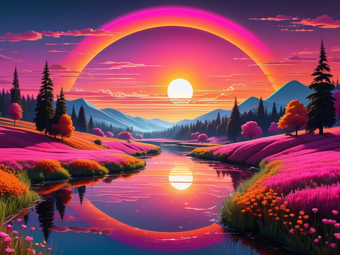Vibrant Sunset Landscape with River and Flower Fields
