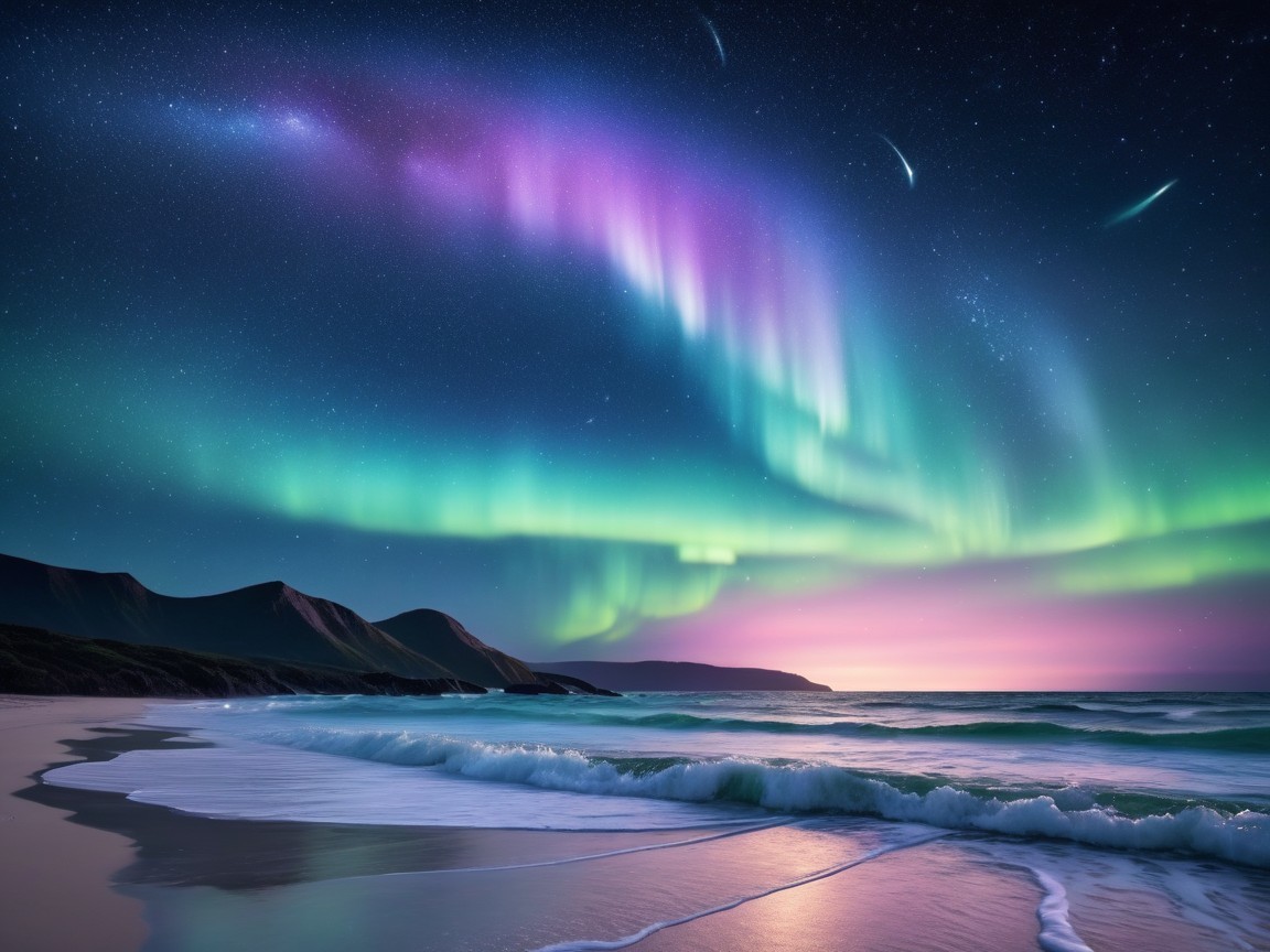 Aurora Borealis Over Tranquil Beach at Night