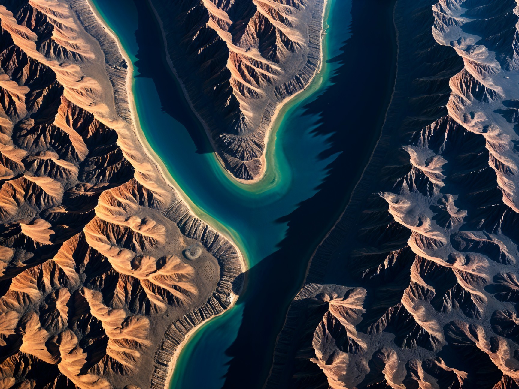 Aerial View of Winding River in Rugged Mountains