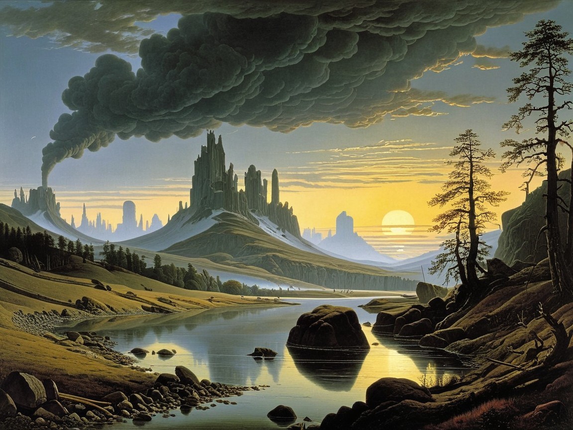 Serene River Valley with Mountains and Castle Structure