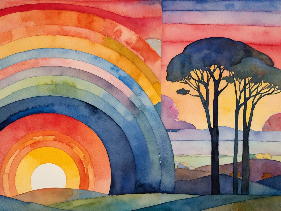Vibrant Watercolor of Rainbow Over Setting Sun