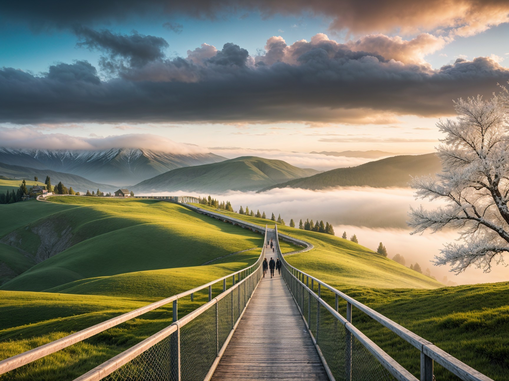 Picturesque Landscape with Green Hills and Walkway