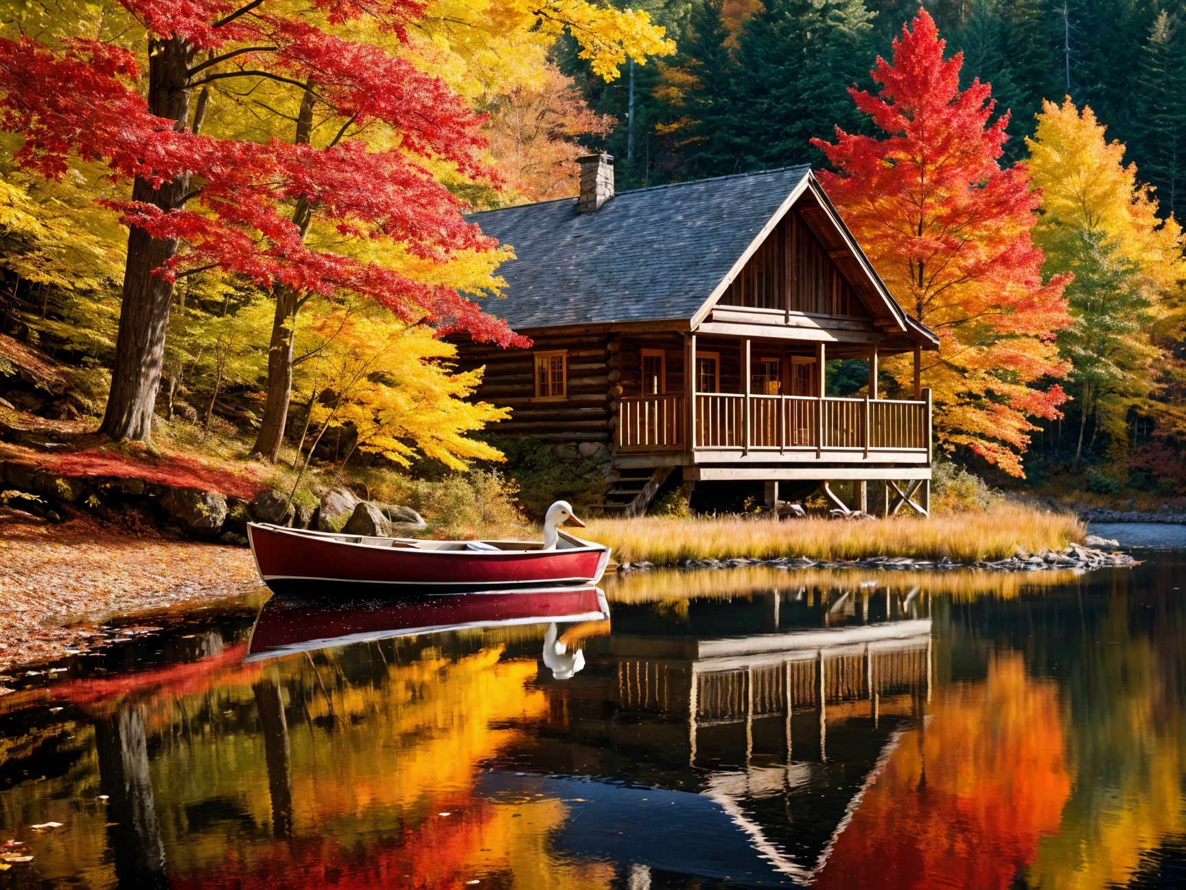 Rustic Cabin by Tranquil Lake in Autumn Foliage