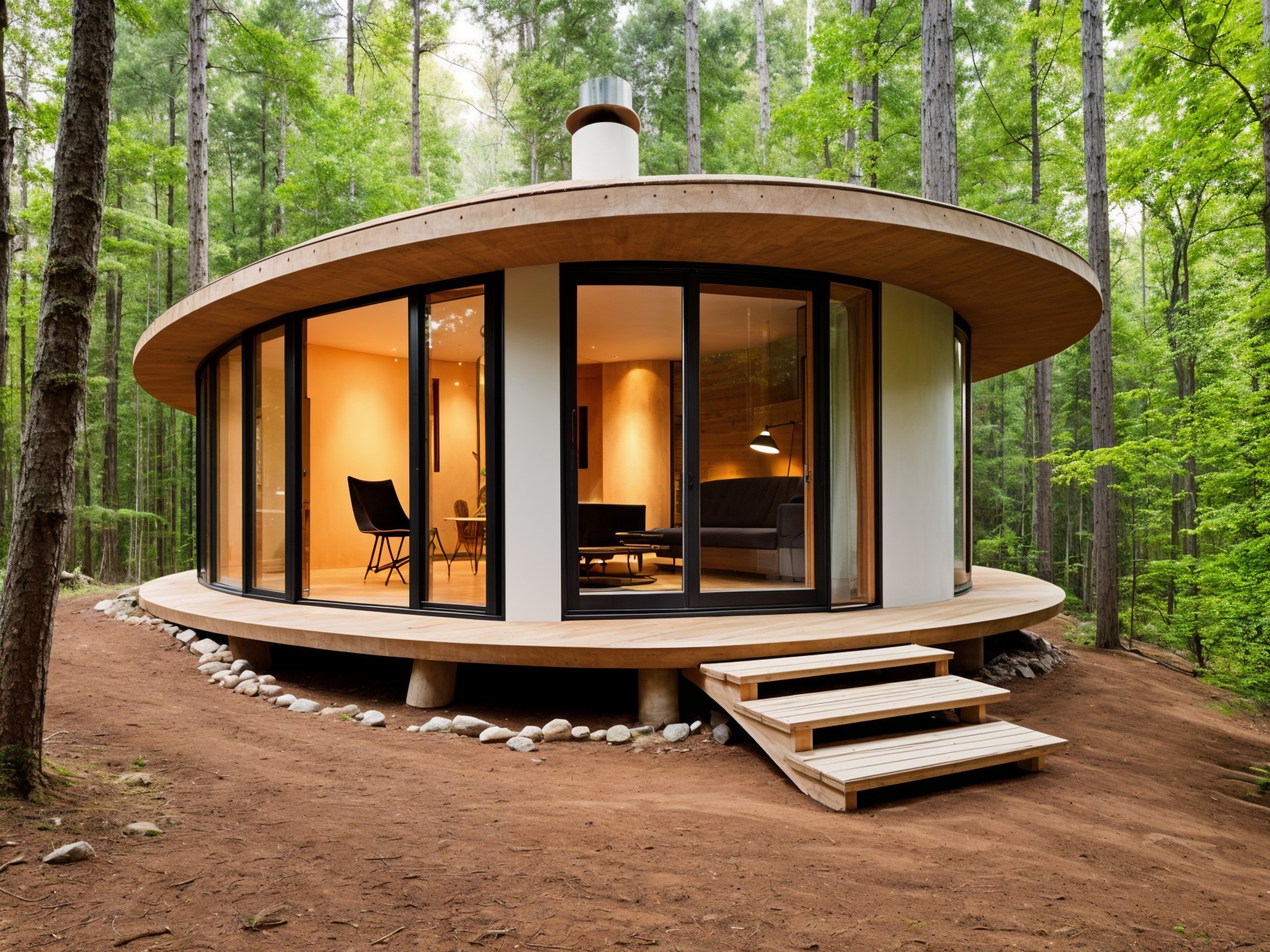 Modern Circular Cabin Surrounded by Lush Forest