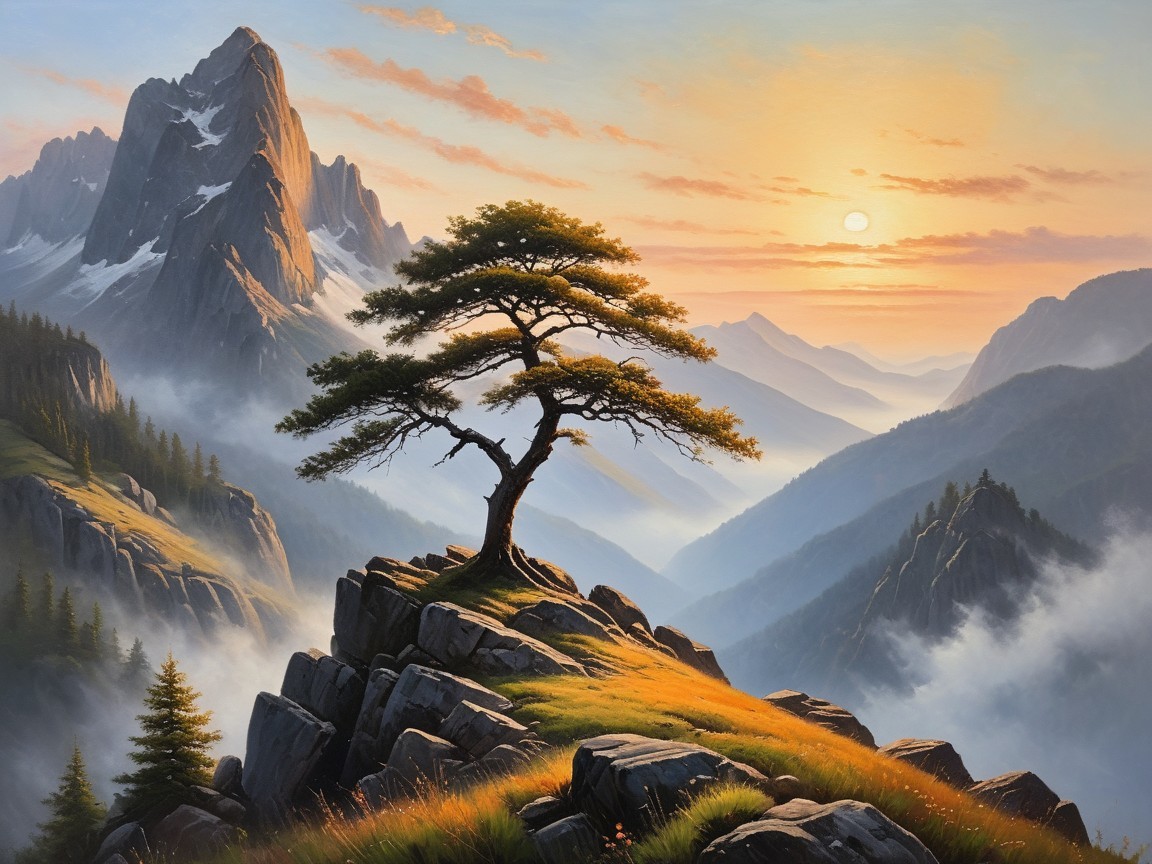 Mountain Landscape at Sunrise with Solitary Tree