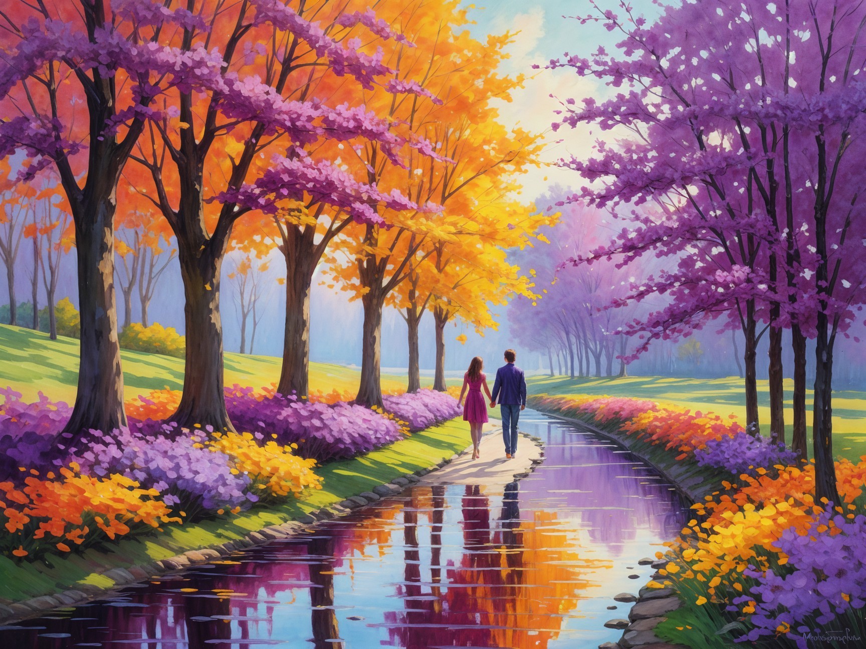 Serene Autumn Landscape with Couples by a Stream