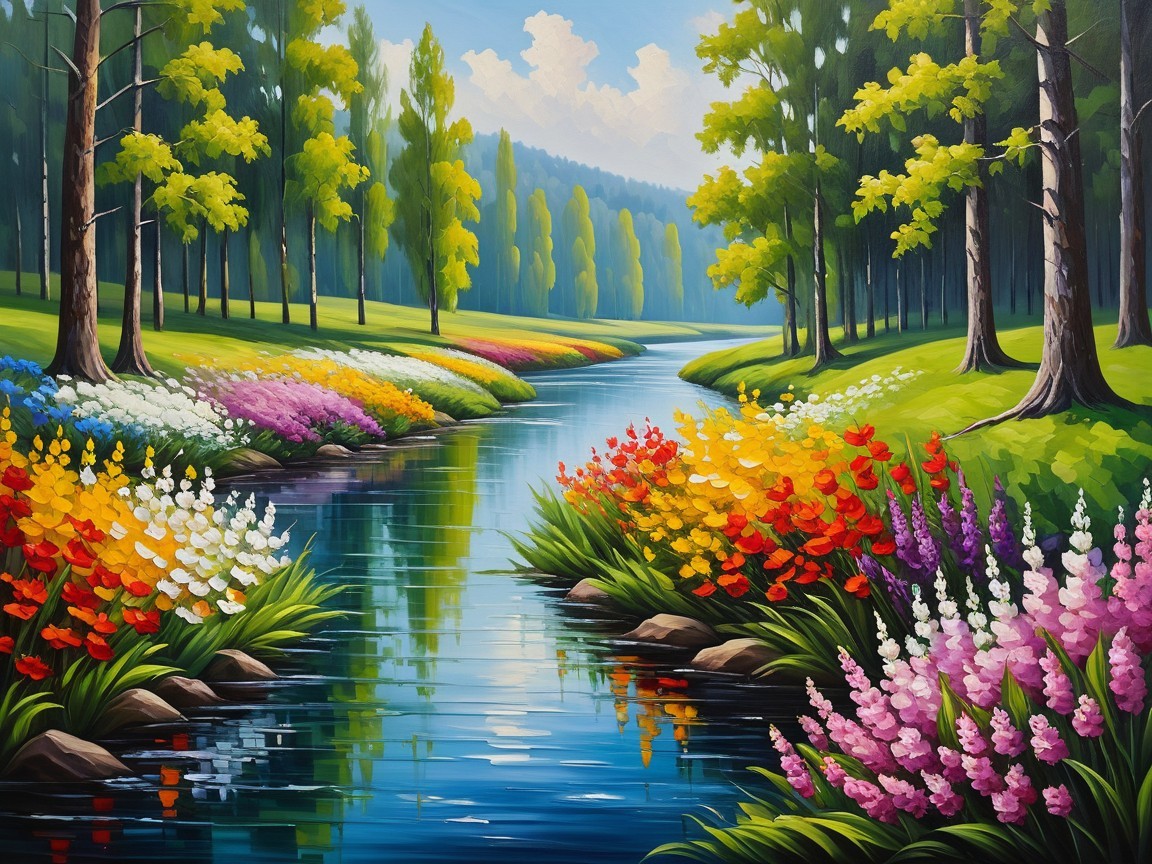Vibrant Landscape with Serene River and Flower Beds