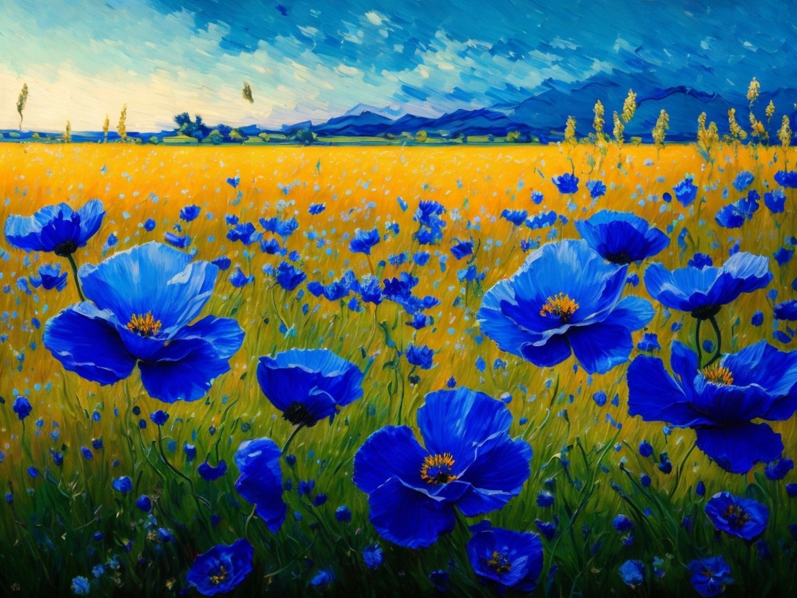 Vibrant Landscape with Wheat Field and Blue Flowers