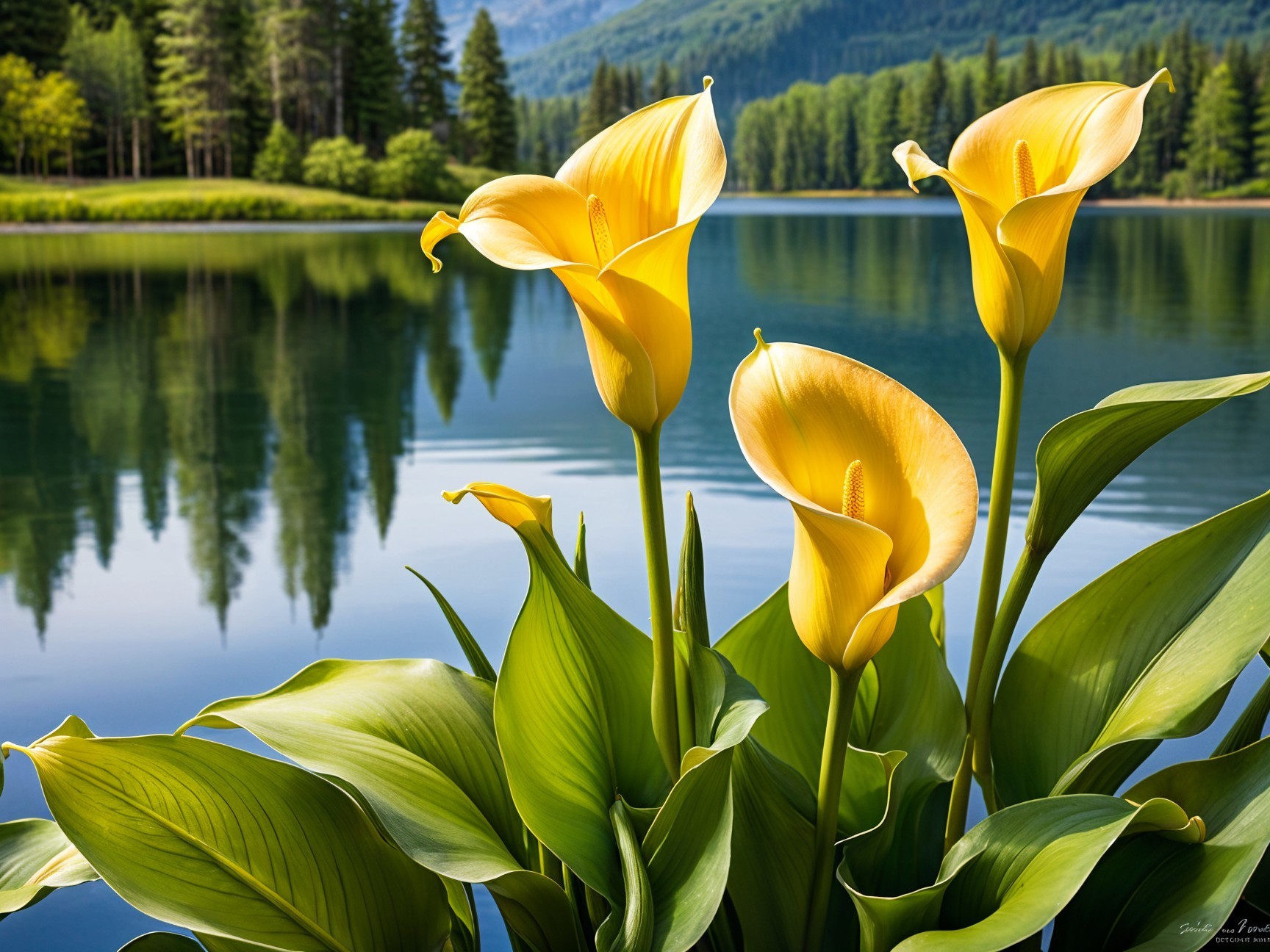 Vibrant Yellow Calla Lilies by a Tranquil Lake