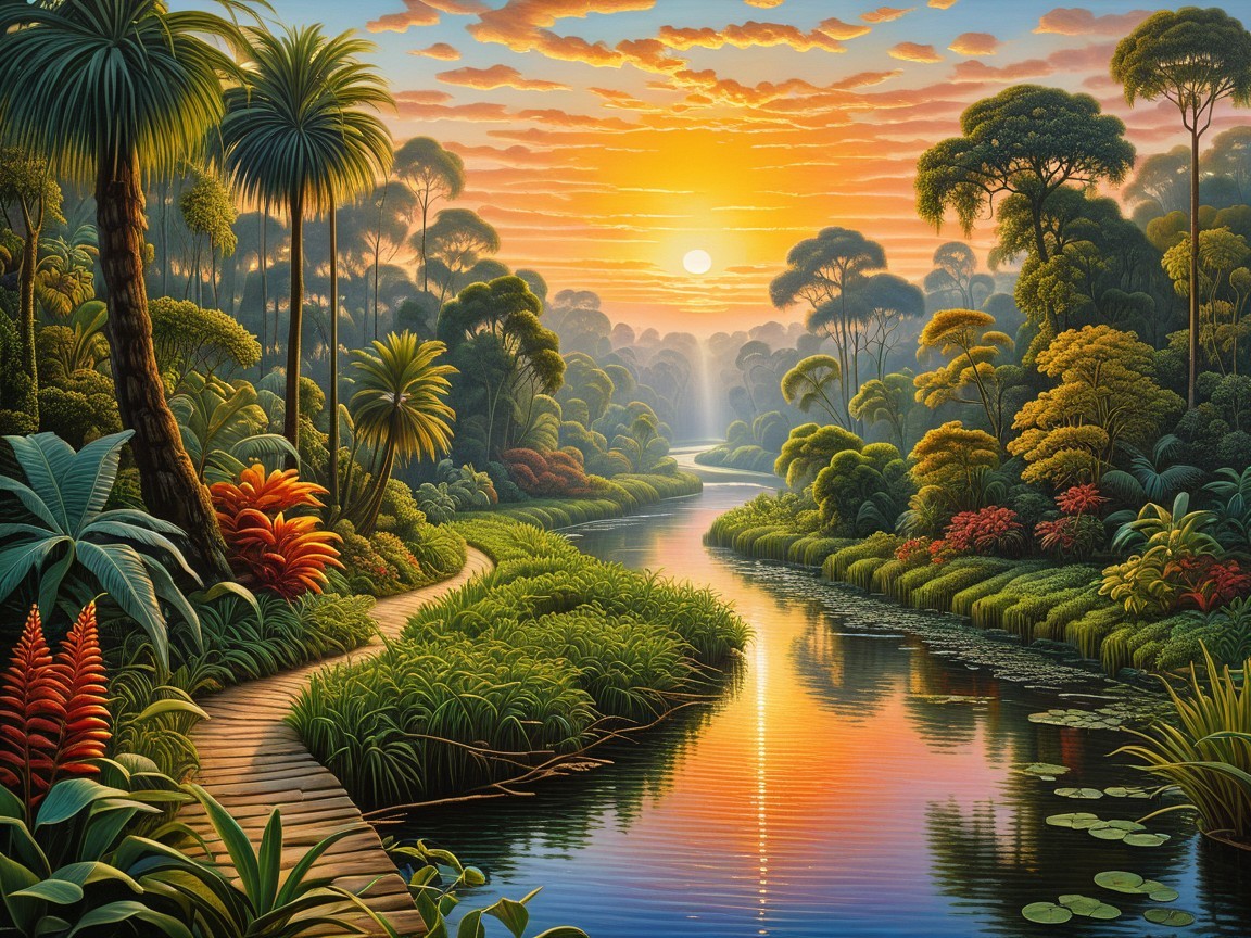 Vibrant Sunset Over Tranquil River and Lush Vegetation