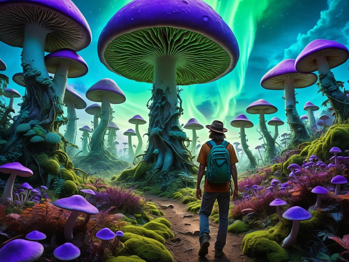 Winding Path Among Luminous Mushrooms and Aurora Sky
