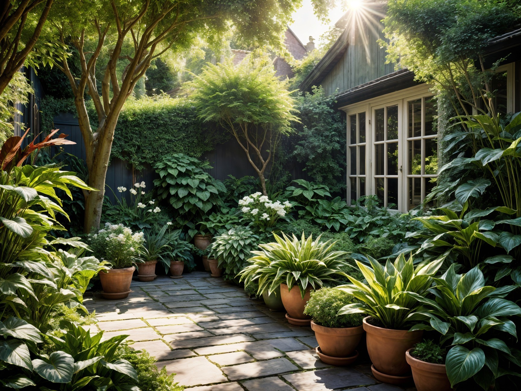 Tranquil Garden Pathway with Lush Foliage and Flowers