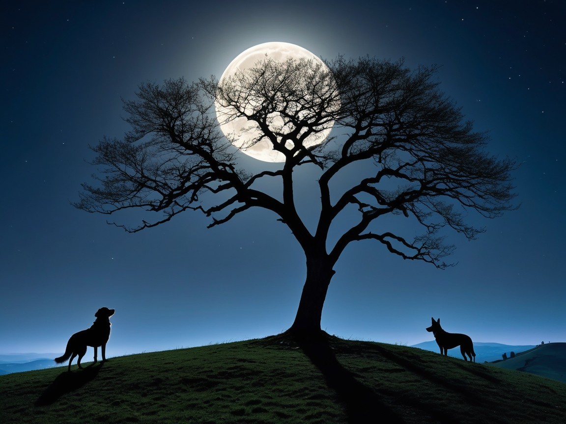 Night Scene with Tree, Dogs, Moon, and Stars