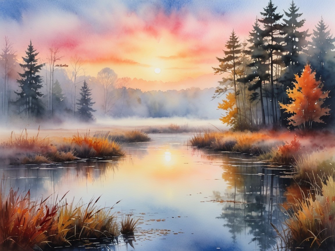 Serene Dawn Landscape with Calm River and Autumn Foliage