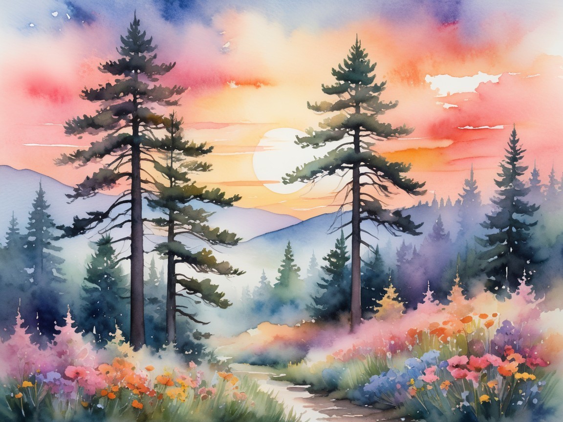 Serene Watercolor Landscape with Sunset and Pines