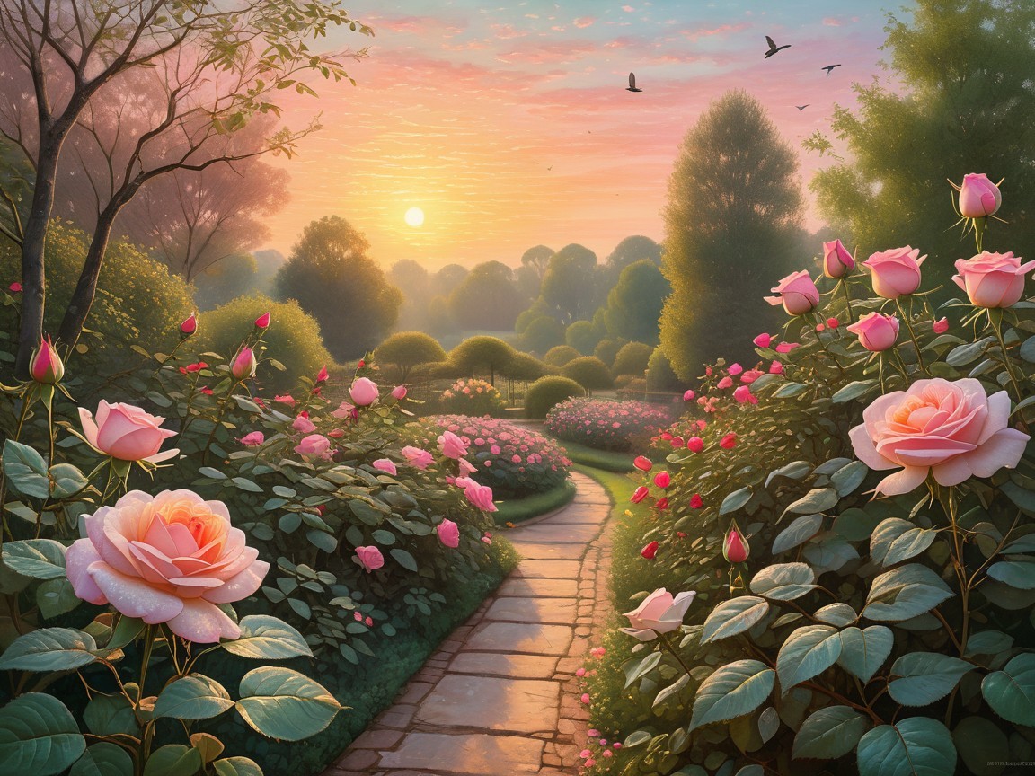 Tranquil Sunrise Garden with Pink Roses and Pathway