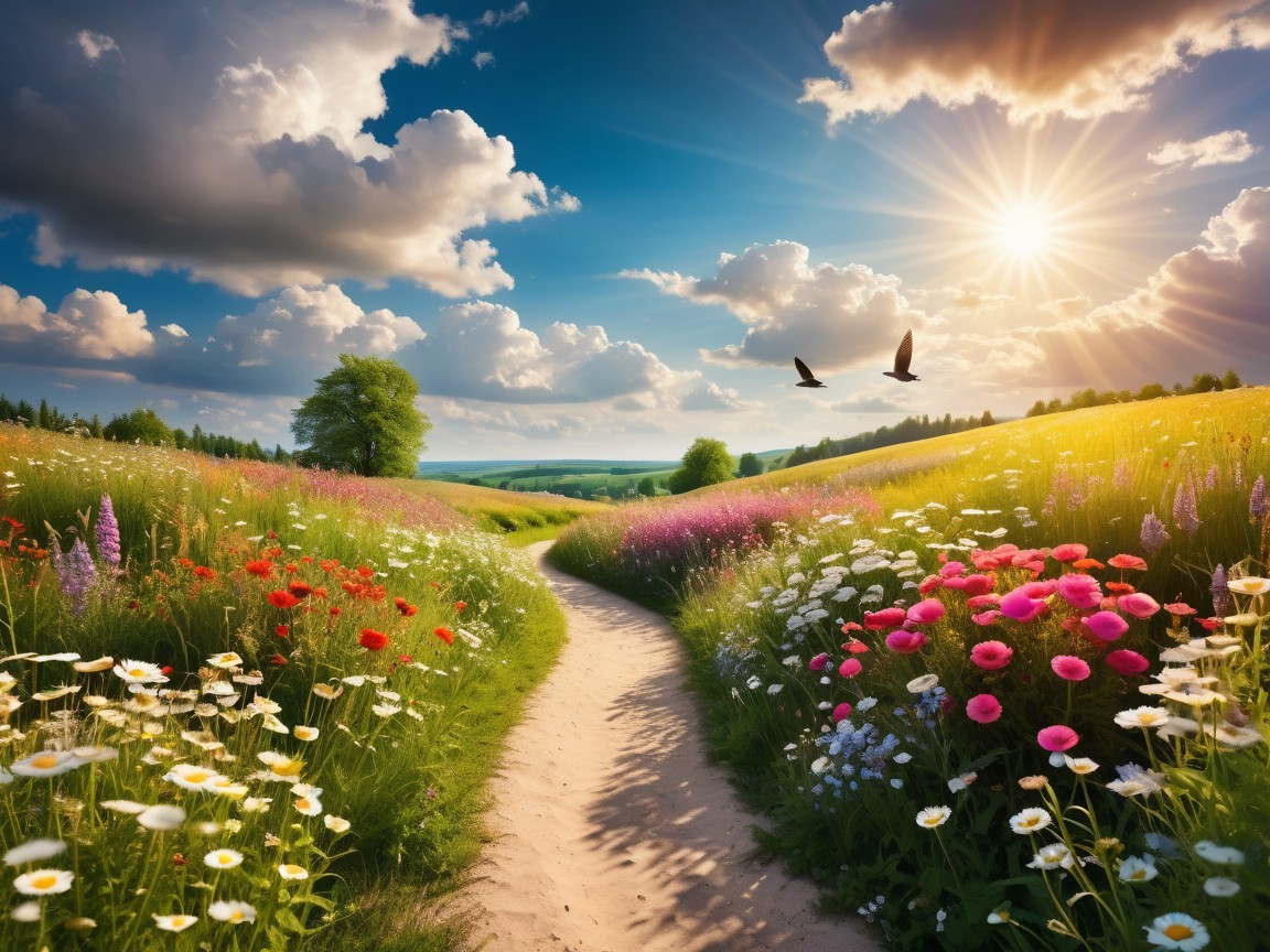 Serene Landscape with Winding Path and Wildflowers