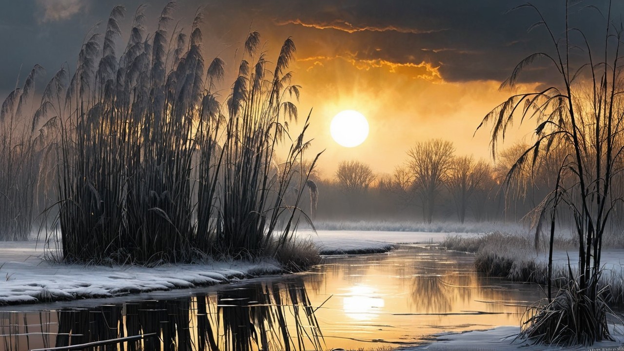 Serene Winter Landscape with Sunset and River