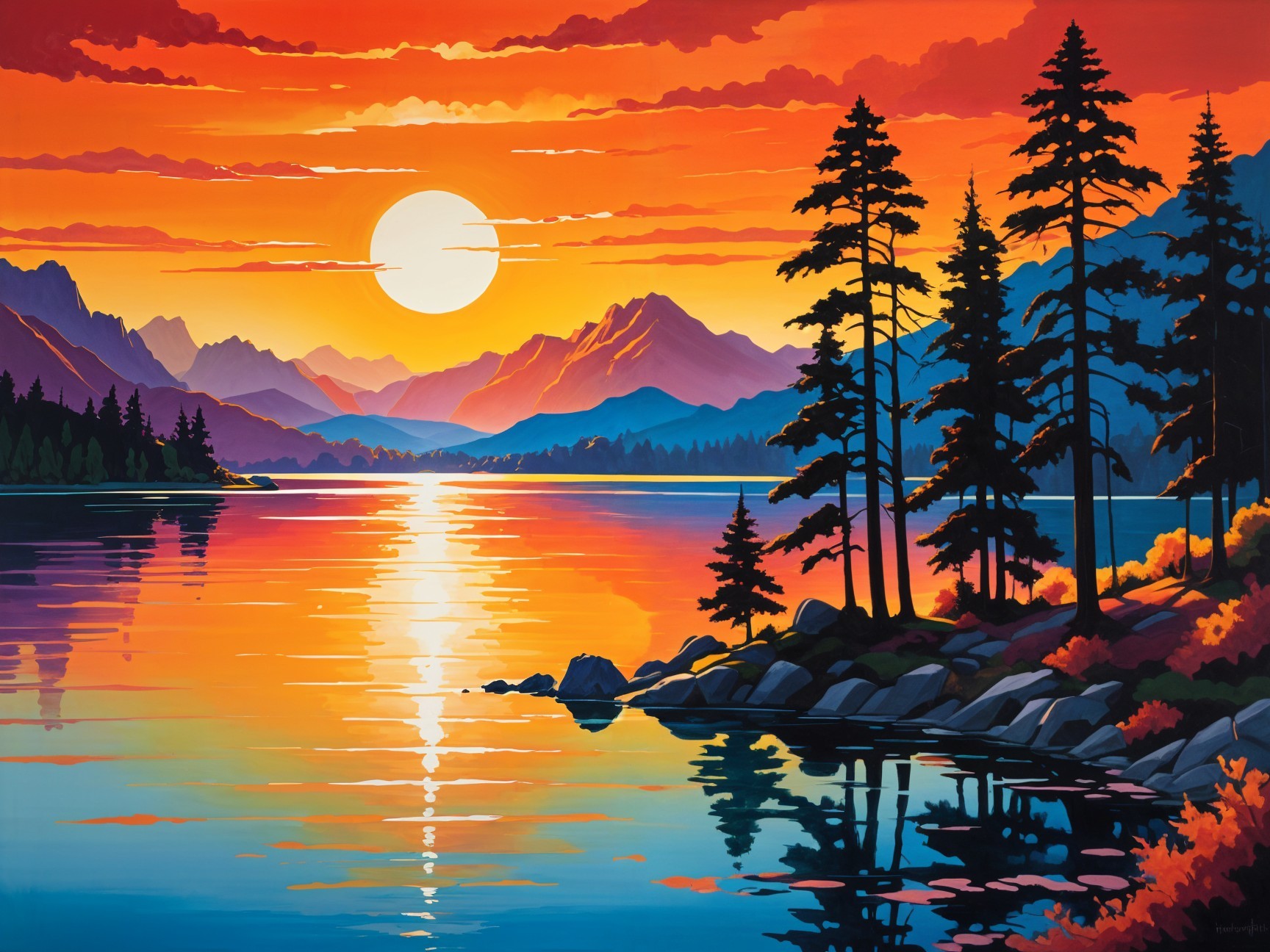 Vibrant Sunset Over Tranquil Lake with Pine Trees
