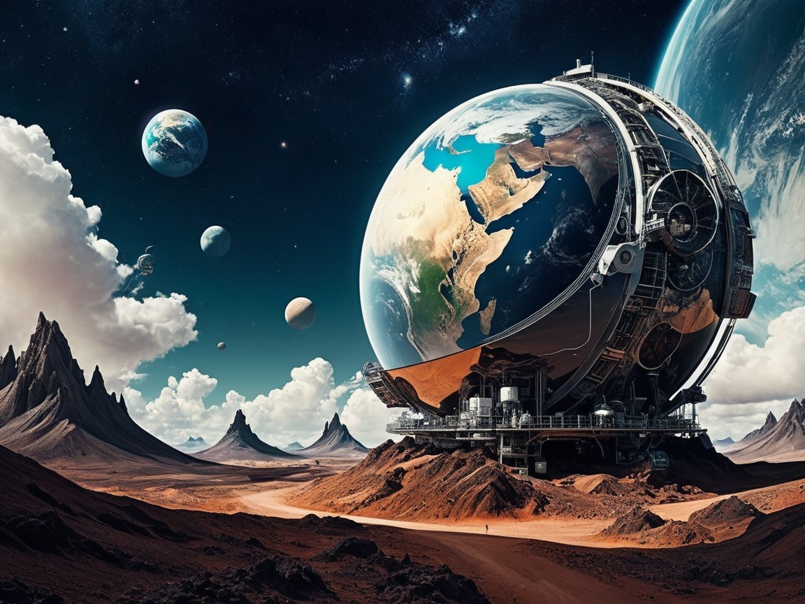Futuristic Landscape with Globe and Cosmic Elements