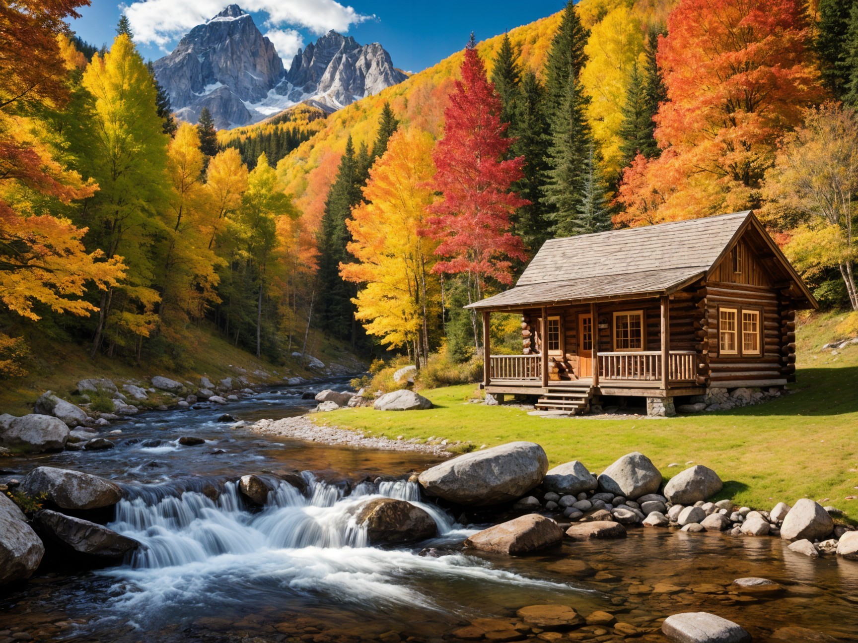 Wooden Cabin by Stream Amidst Autumn Foliage and Mountains