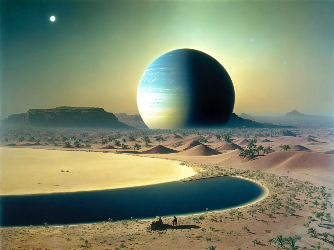 Surreal Desert Landscape with Giant Planet and Lake