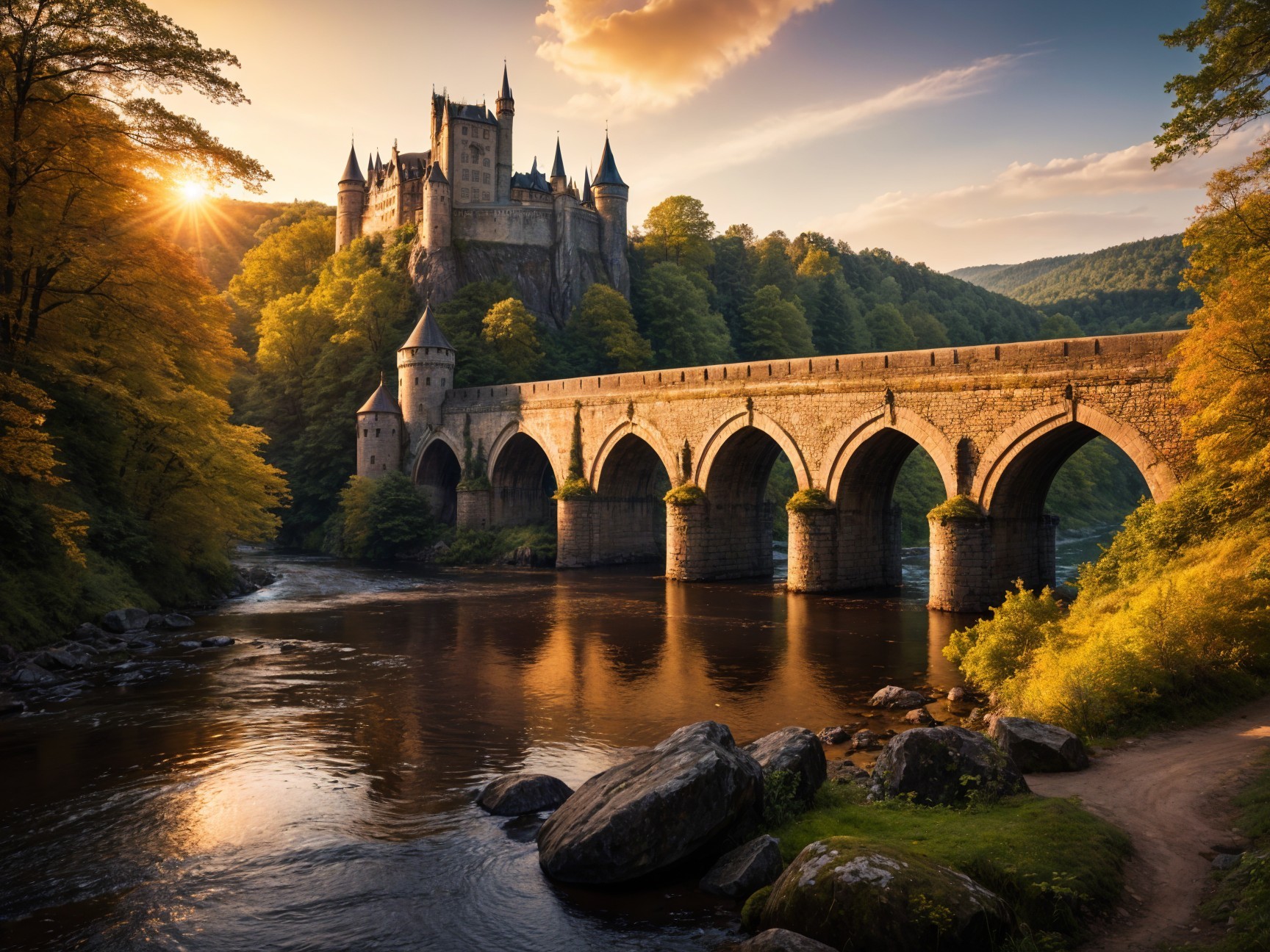 Medieval Castle and Stone Bridge at Sunset