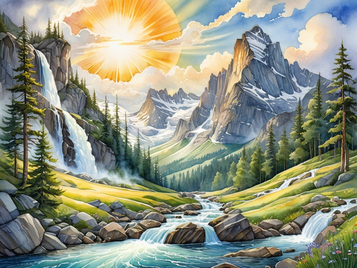 Majestic Mountain Landscape with Waterfalls and Rivers