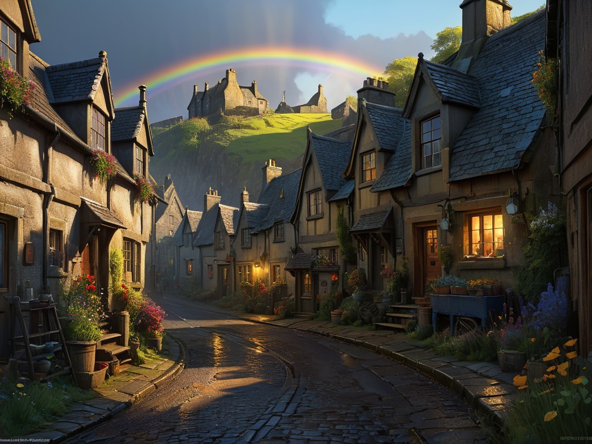 Charming Cobblestone Street with Colorful Cottages