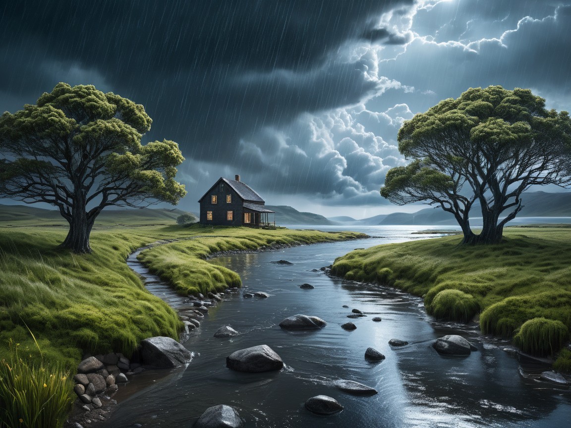Cozy House Under Stormy Clouds with Serene River