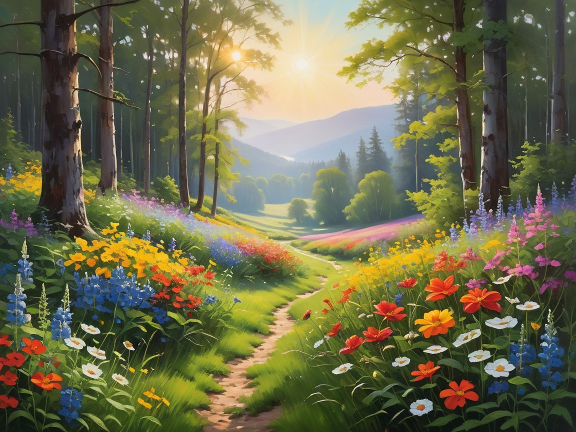 Vibrant Landscape with Winding Path and Colorful Flowers
