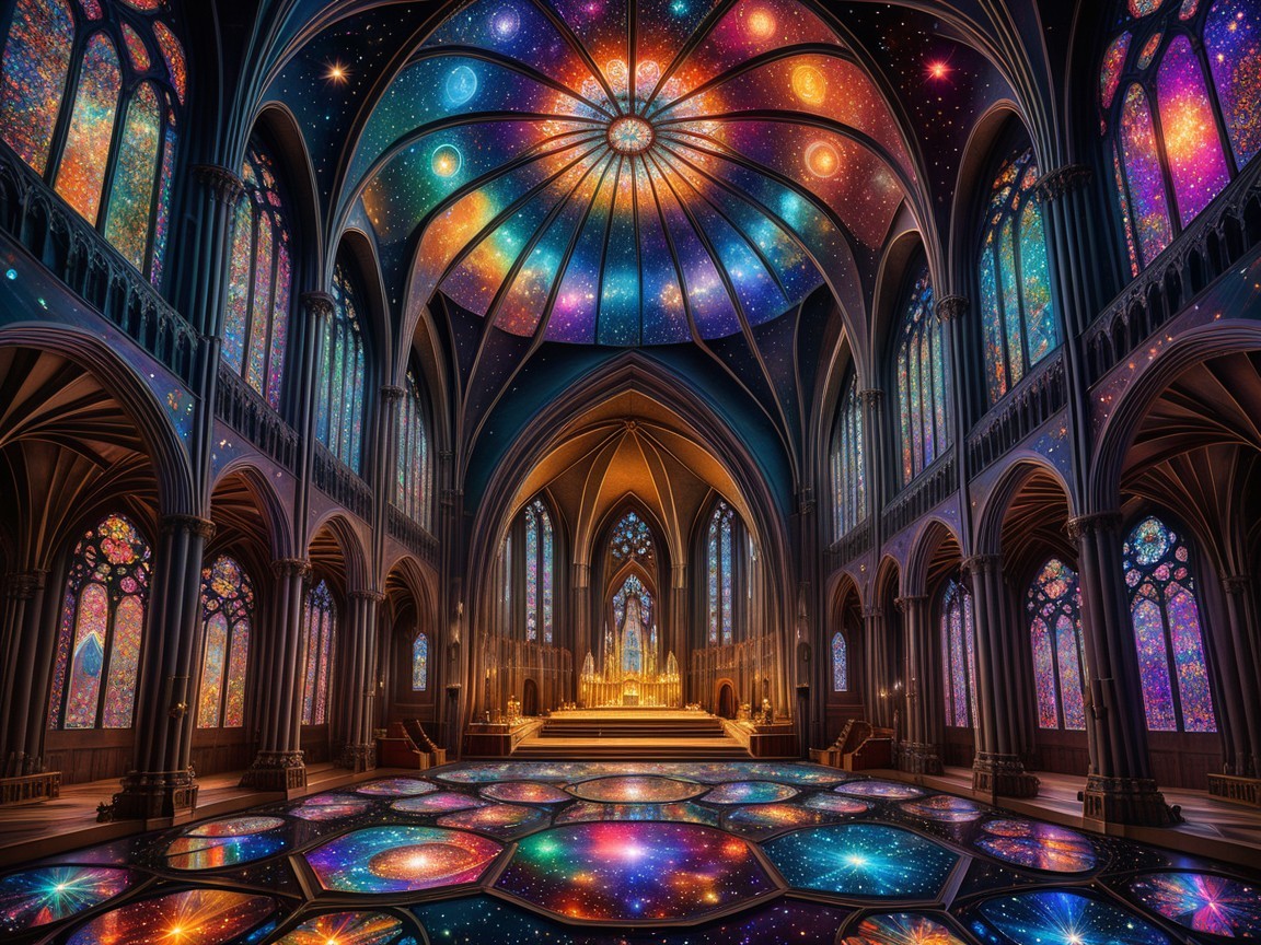 Vibrant Cathedral with Stained Glass Cosmic Motifs