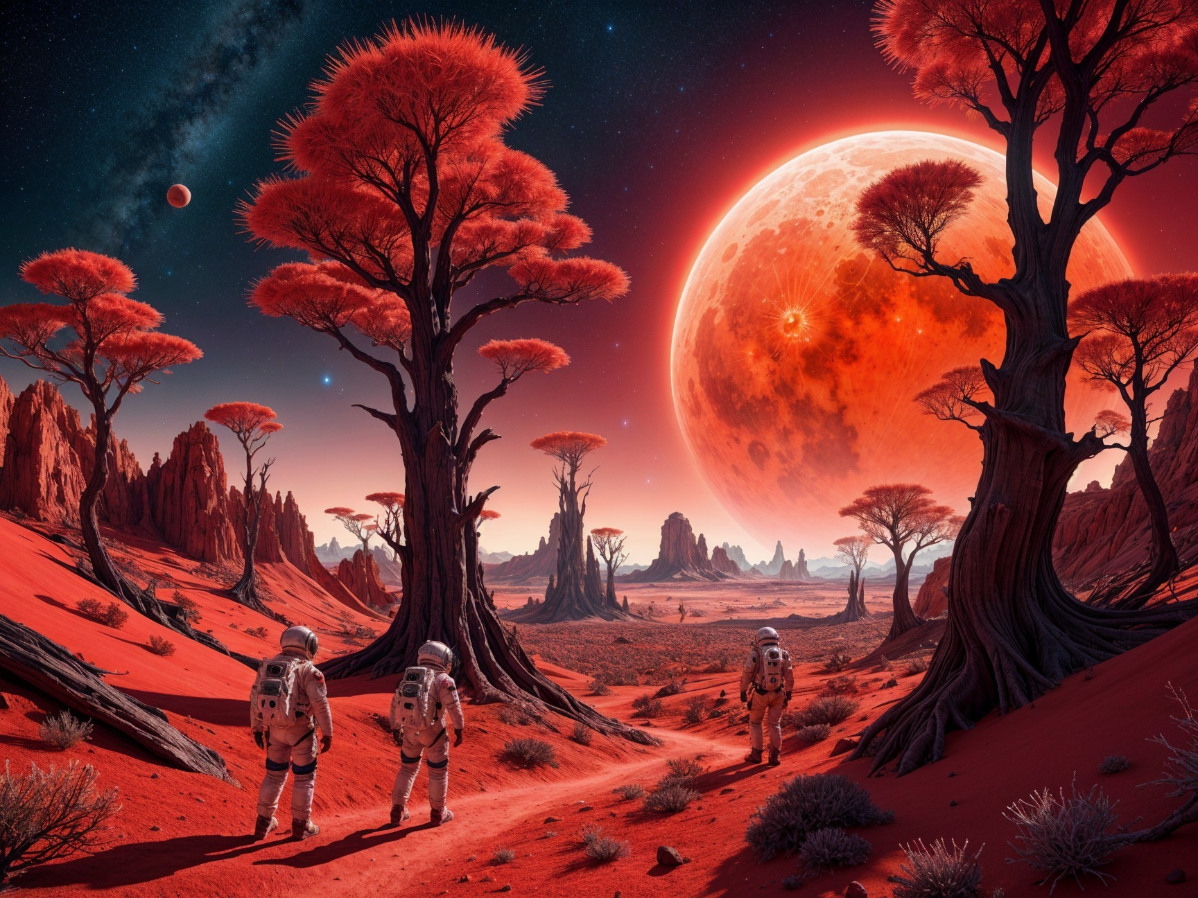 Astronauts Explore Alien Landscape with Red Vegetation
