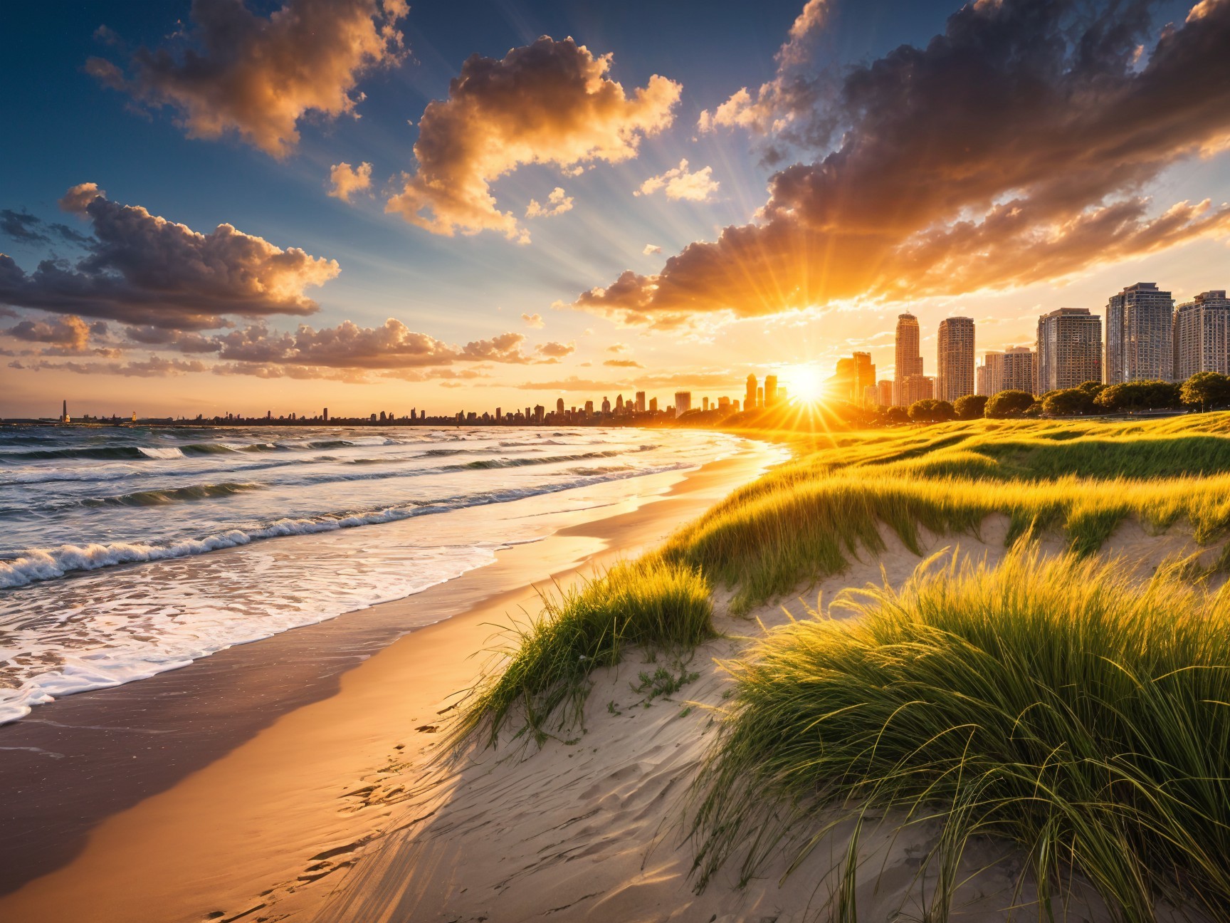 Beach Sunset with Clouds and Urban Skyline