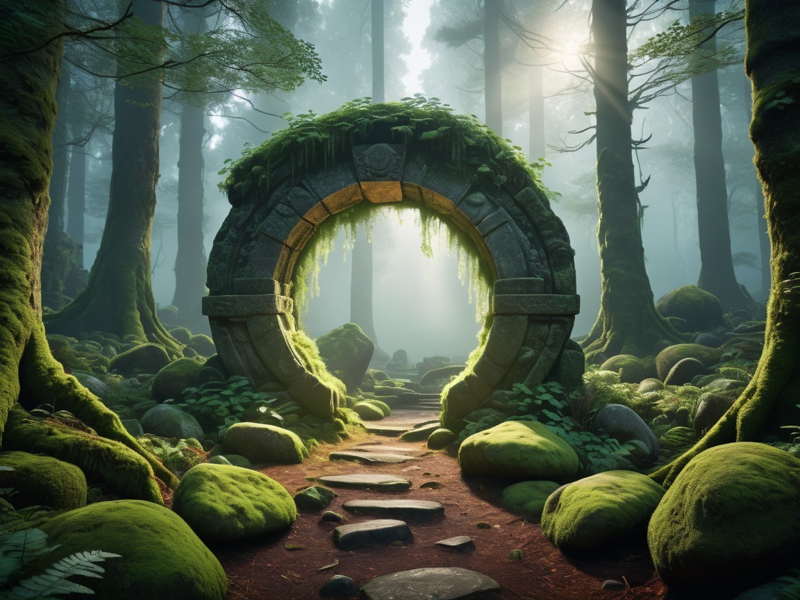 Ancient Stone Archway Surrounded by Lush Forest Greenery