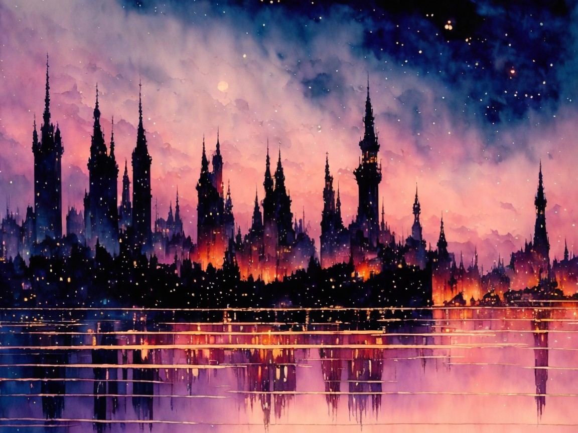 Watercolor Landscape of a Fantastical City Skyline