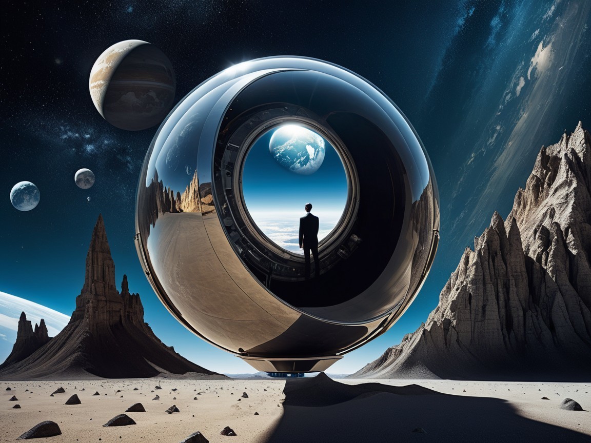 Futuristic spacecraft on alien landscape with Earth view