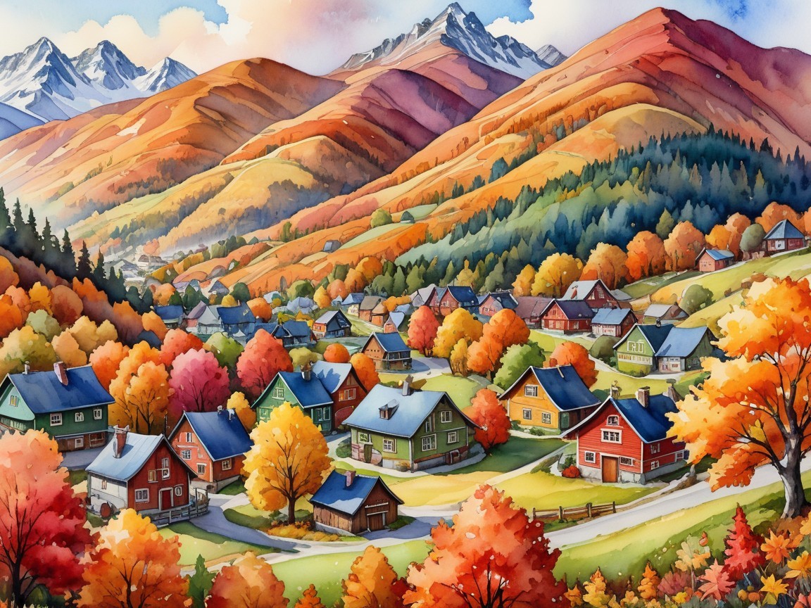 Autumn Landscape with Colorful Foliage and Village