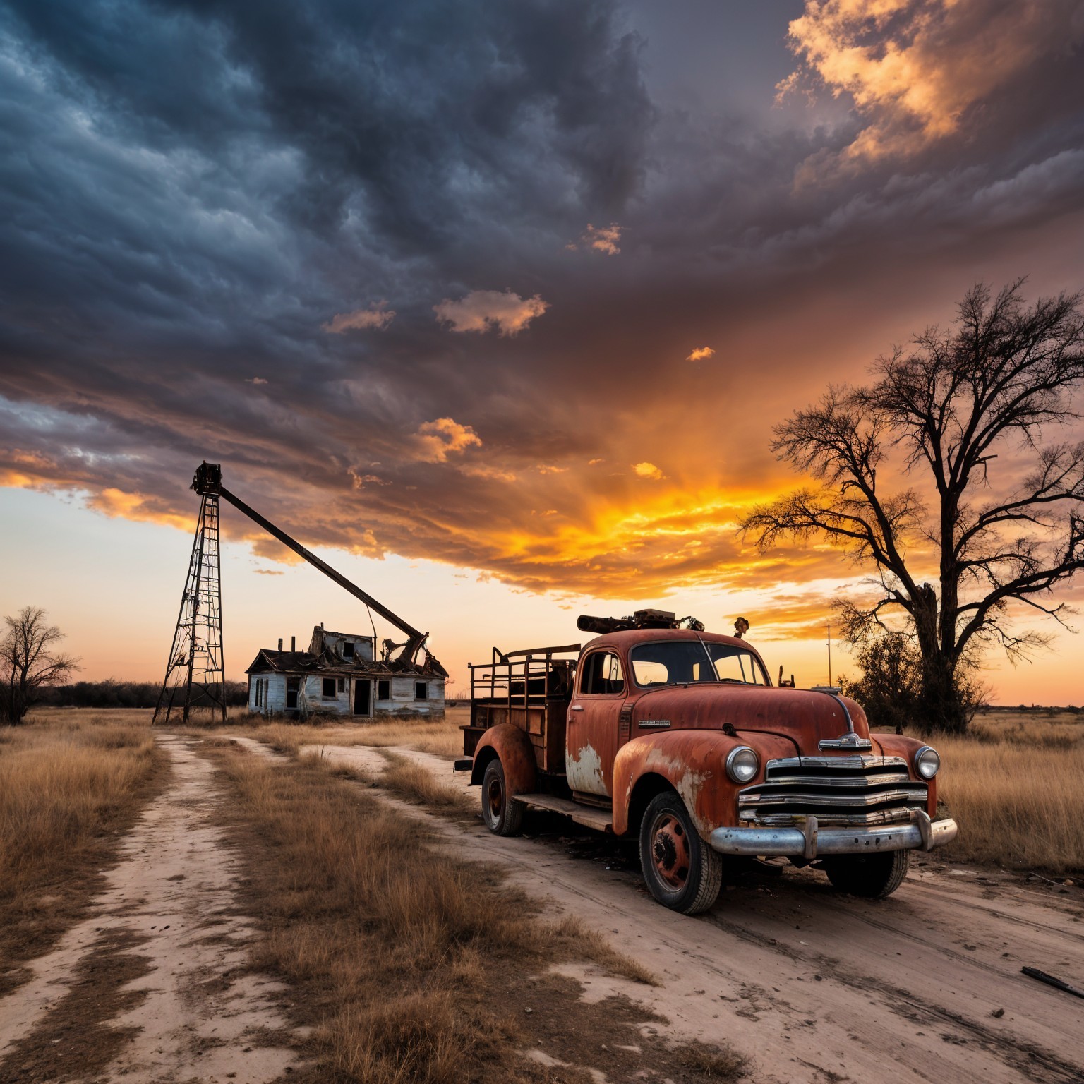 Old Rusted Truck by Abandoned Farmhouse at Sunset