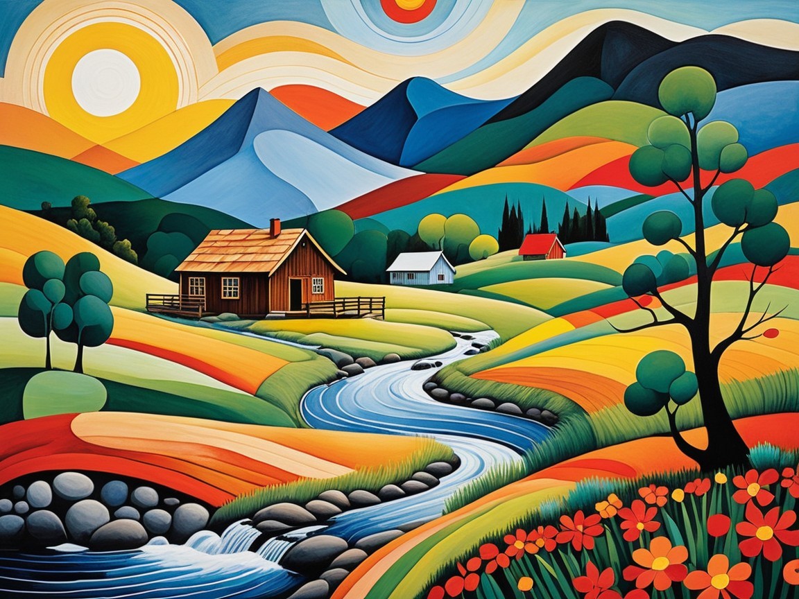 Vibrant Landscape with Hills, Cabin, and River
