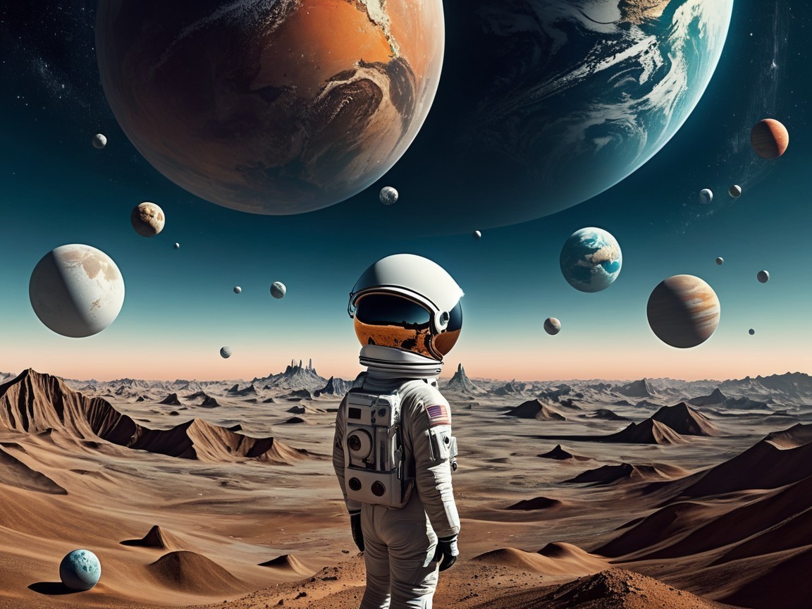 Astronaut Observing Cosmic Landscape with Planets and Stars