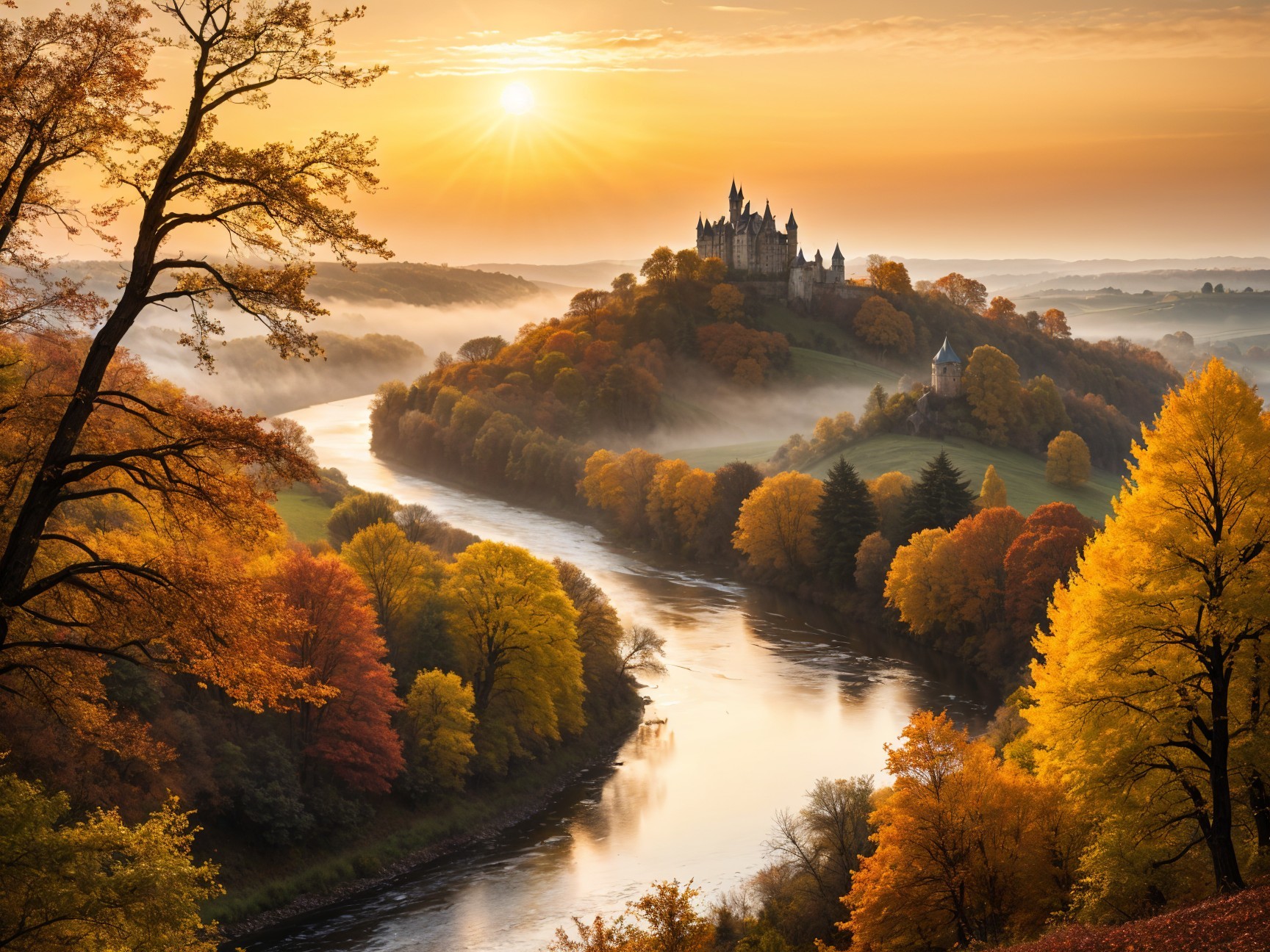 Serene Sunrise Landscape with Castle and Autumn Foliage